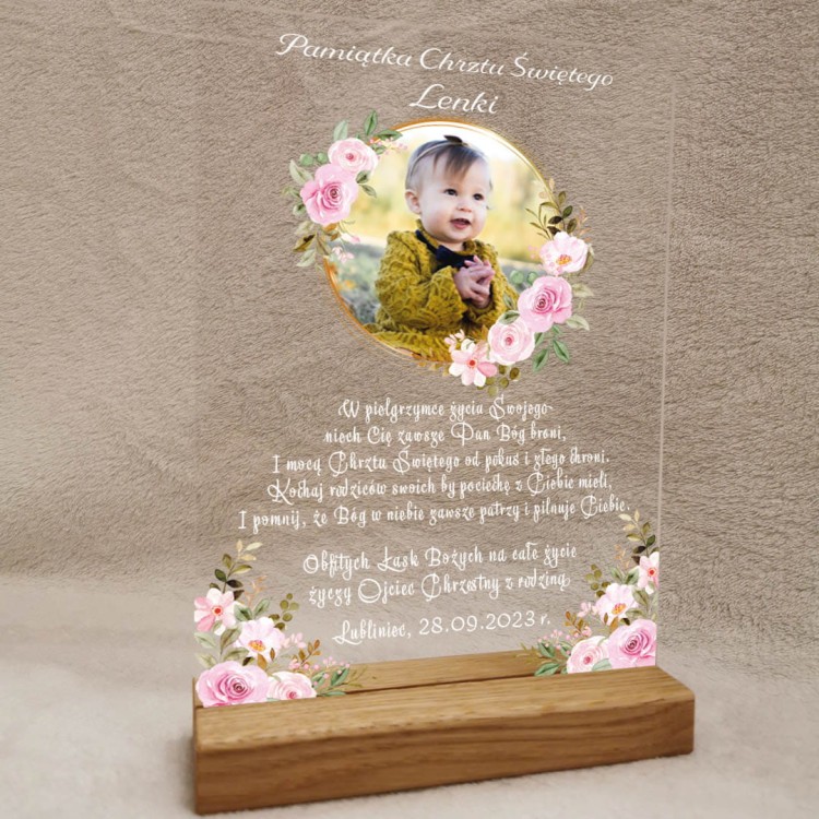 Pamiątka Chrztu kwiaty różowe dla dziewczynki ze zdjęciem.jpg